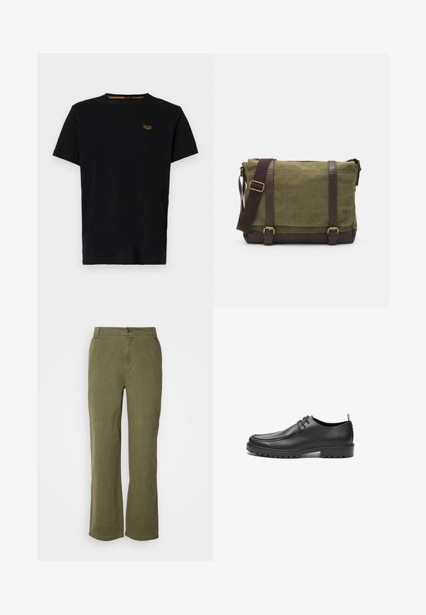 Schwarzes Baumwoll-T-Shirt mit kurzen Ärmeln, Rundhalsausschnitt und einem kleinen, kontrastierenden gelben Markenpatch auf der linken Brustseite.; Olivgrüne Baumwollhose mit geradem Beinschnitt, sichtbarem Knopfverschluss und Akzenten an der Knienaht für zusätzliche Details und Struktur.; Schwarze Lederschuhe mit glatter Oberfläche, runder Zehenform und dekorativer Naht. Mit einer Gummisohle mit Traktionsrillen und Schnürdesign.; Grüne Stoff-Umhängetasche mit braunen Lederakzenten, einer Vorderklappe, verstellbarem Schultergurt und Reißverschlussverschluss an der Oberseite. Ausgestattet mit goldenen Beschlägen.
