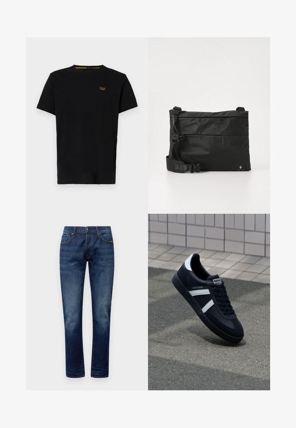 Schwarzes Baumwoll-T-Shirt mit kurzen Ärmeln, Rundhalsausschnitt und einem kleinen, kontrastierenden gelben Markenpatch auf der linken Brustseite.; Dunkelblaue Denim-Jeans mit glatter Textur, geradem Bein, Fünf-Taschen-Stil und orangefarbenen Nähakzenten an Nähten und Taschen.; Schwarze Leder-Sneaker mit weißen Streifen, strukturiertem Gummisohle und Schnürung. Verfügt über ein Markenetikett auf der Zunge.; Schwarze Nylon-Umhängetasche mit verstellbarem Riemen, flachem Design und seitlichem Etikett mit Logo. Glatte Textur und minimalistischer Stil.