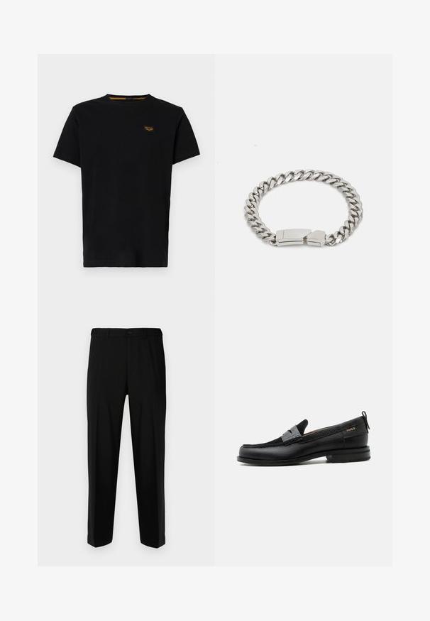 Schwarzes Baumwoll-T-Shirt mit kurzen Ärmeln, Rundhalsausschnitt und einem kleinen, kontrastierenden gelben Markenpatch auf der linken Brustseite.; Schwarze Hosen aus glattem Stoff, mit geradem Schnitt, zwei vorderen Taschen und einem Reißverschluss mit Knopfverschluss.; Schwarzer Lederloafer mit grauem Riemendetail, niedrigem Absatz und strukturierter Sohle, seitlich mit „HUGO“ in Gold gebrandmarkt.; Calvin Klein ELECTRIC - Armband - silver-coloured