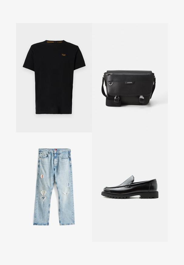 Schwarzes Baumwoll-T-Shirt mit kurzen Ärmeln, Rundhalsausschnitt und einem kleinen, kontrastierenden gelben Markenpatch auf der linken Brustseite.; Helle blaue Denim-Jeans mit verwitterten Rissen und Patches. Gerader Schnitt mit sichtbaren Nähten und einem Knopfverschluss am Bund.; Schwarzer Lederloafer mit grober Gummisohle, genähter Oberseite und geprägtem Markennamen an der Ferse, seitlich auf weißem Hintergrund gezeigt.; Schwarze, strukturierte Lacoste-Umhängetasche mit verstellbarem Tragegurt, Frontklappe, Reißverschlusstasche und Metallschnallen.