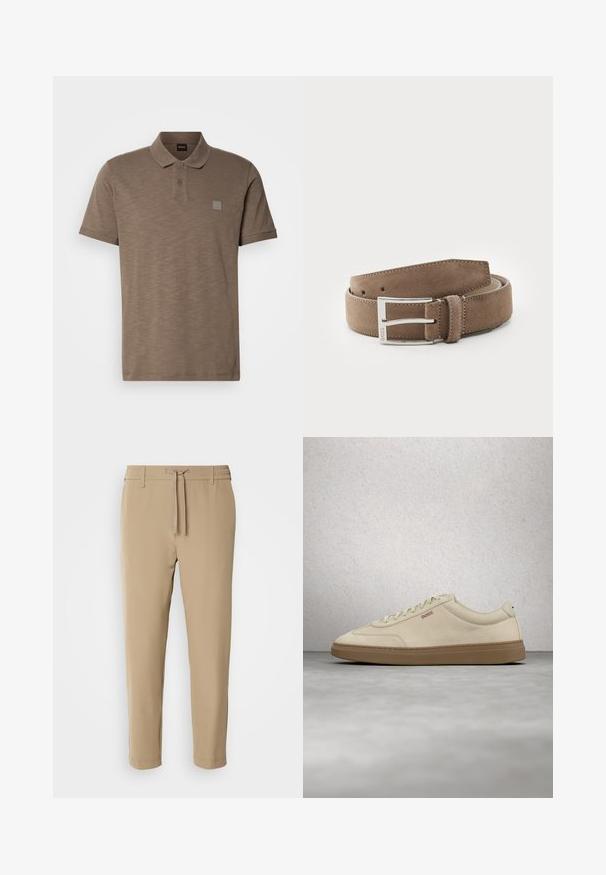 Polo marron en tissu texturé, doté d'une patte de boutonnage à deux boutons et d'un discret écusson logo sur la poitrine gauche. Manches courtes incluses.; Pantalons beiges fuselés avec une taille élastique et un cordon de serrage. Tissu lisse avec un design épuré et sans motifs ni accessoires visibles.; Baskets en daim beige clair avec une semelle en caoutchouc gomme, des lacets prononcés et des détails de couture subtils. Design épuré avec une esthétique minimaliste.; Ceinture en daim de couleur marron clair, avec une texture lisse et une boucle en métal argenté. Présente cinq trous et des bords cousus pour une meilleure durabilité.