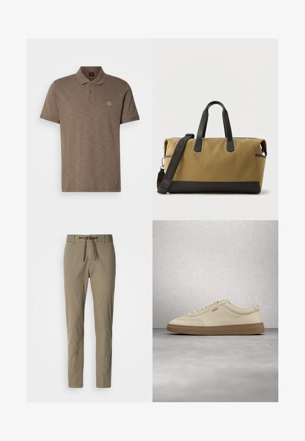Polo marron en tissu texturé, doté d'une patte de boutonnage à deux boutons et d'un discret écusson logo sur la poitrine gauche. Manches courtes incluses.; Pantalon kaki avec une taille élastique et un cordon de serrage, présentant une coupe droite et une texture lisse. Pas de motifs ou d'accents visibles.; Baskets en daim beige clair avec une semelle en caoutchouc gomme, des lacets prononcés et des détails de couture subtils. Design épuré avec une esthétique minimaliste.; Grand sac de sport marron clair et noir avec poignées en cuir noir et bandoulière amovible, forme rectangulaire, logo BOSS sur le devant.