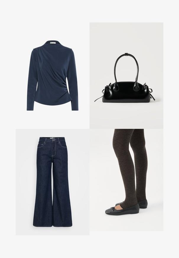 Haut à manches longues bleu marine avec un col, comportant un tissu froncé à l'avant et une texture lisse sur l'ensemble.; Pantalon large en denim foncé avec une taille haute, doté de poches avant, de surpiqûres contrastantes et d'un ourlet propre.; Jambes portant des leggings côtelés foncés associés à des ballerines noires avec de petits détails en nœud sur fond blanc.; Petit sac à main noir brillant avec deux longues anses et des détails à cordon sur les côtés sur un fond clair uni.