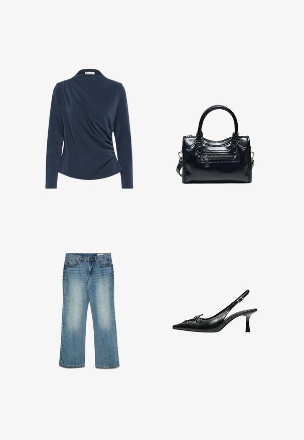 Haut à manches longues bleu marine avec un col, comportant un tissu froncé à l'avant et une texture lisse sur l'ensemble.; Jeans en denim bleu clair à jambes droites avec une finition délavée, cinq poches et une taille standard. Comprend des détails de couture et des rivets en métal.; Escarpin slingback en cuir noir à bout pointu, avec un petit talon kitten et un détail de nœud décoratif sur la bride avant.; Sac à main en cuir noir brillant avec deux poignées, poche avant zippée et bandoulière amovible sur fond blanc.