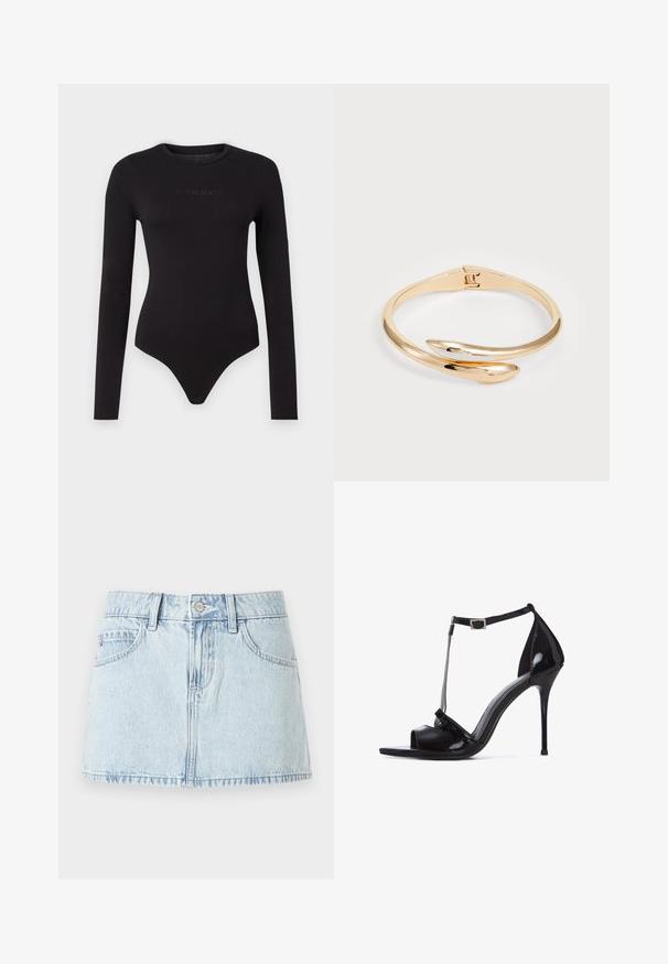 Sort langærmet bodysuit lavet af blødt stof, med rund hals og en struktureret "Guess Jeans" logo på forsiden.; Lyseblå denim-mini nederdel med frontknap, bælteløkker og forlommer, vist på en hvid baggrund.; Sorte patenteret læder højhælede sandaler med åben tå, T-stroppedesign, sølv kædeaccent og justerbar ankelrem.; Guldtonet metalarmbånd med et snoet design. Har en glat overflade og en fjederlås, der fremhæver en elegant og moderne stil.