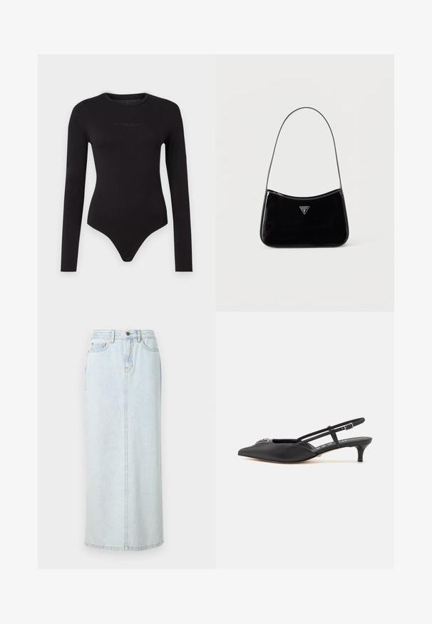 Schwarzer Langarm-Body aus weichem Stoff, mit rundem Ausschnitt und einem strukturierten "Guess Jeans"-Logo auf der Vorderseite.; Hellblauer Denim-Maxi-Rock mit geradem Design, vorderer Knopfverschluss und sichtbaren Nähten. Verfügt über zwei Fronttaschen.; Schwarze Slingback-Schuhe mit einer spitzen Zehe, aus glattem Material gefertigt, mit einem kleinen Absatz und einem dekorativen silbernen Akzent auf dem Blatt.; Schwarze Schultertasche aus Lackleder mit schmalem Riemen, dreieckigem Guess-Logo vorne und einem Reißverschluss oben.