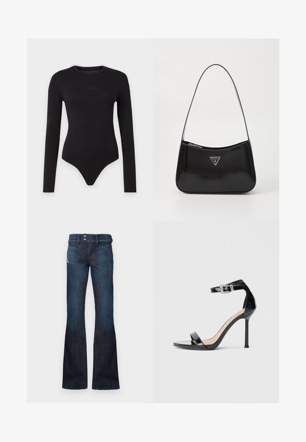 Zwarte lange mouwen bodysuit van zacht materiaal, met een ronde hals en een tekstuur op de voorkant met het "Guess Jeans" logo.; Donkerblauwe denim jeans met een hoge taille, dubbele knopen sluiting, voorzakken en uitlopende pijpen.; Zwarte sandalen met hoge hak van lakleer en een enkelriempje. Heeft een minimalistisch ontwerp, open teen en een gesp met strass-steentjes.; Zwarte lakleren schoudertas met een gebogen vorm, voorzien van een zilveren driehoeklogo en een ritssluiting. Gladde textuur en slanke schouderband.