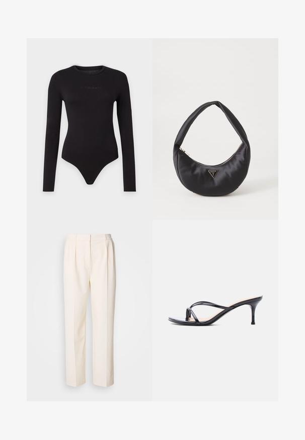 Zwarte lange mouwen bodysuit van zacht materiaal, met een ronde hals en een tekstuur op de voorkant met het "Guess Jeans" logo.; Lacoste Broek - lapland; Zwarte laklederen sandaal met hakken, dunne gekruiste bandjes en een slanke, middelhoog stilettohak op een witte achtergrond.; Zwarte satin handtas met een gebogen vorm, voorzien van een ritssluiting en een driehoekig metalen logo aan de voorkant. Gladde textuur en een slank ontwerp.