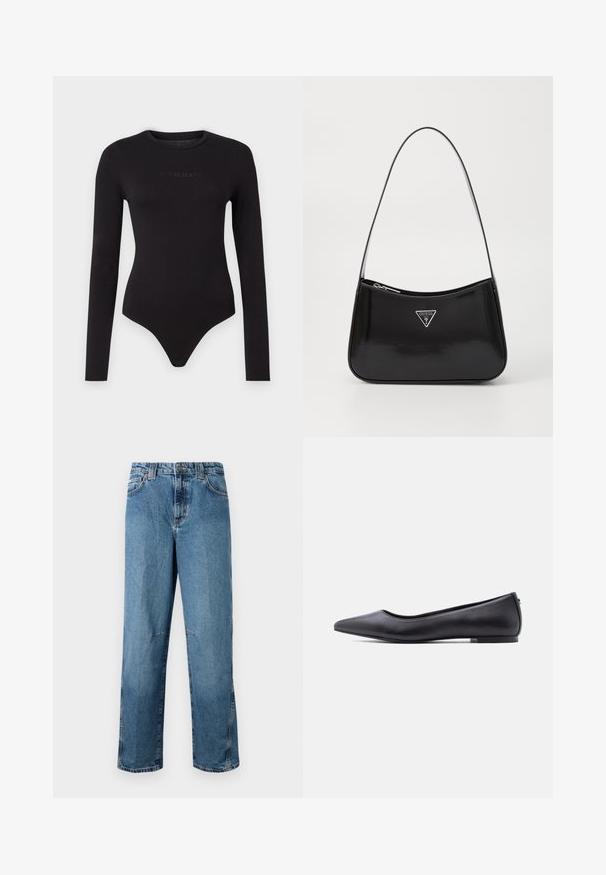 Sort langærmet bodysuit lavet af blødt stof, med rund hals og en struktureret "Guess Jeans" logo på forsiden.; Lyseblå denimjeans med lige pasform, udstyret med stiklommer, en frontknaplukning og minimal falmning på stoffet.; Sort flad lædersko med spidst tåparti og lav hæl, vist i sideprofil mod en hvid baggrund.; Sort patenteret læder skuldertaske med en buet form, prydet med et sølvfarvet trekantet logo og en lynlås-lukning. Glat tekstur og slank rem.