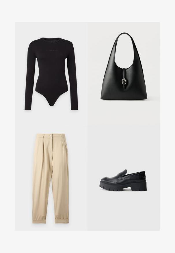 Musta pitkähihainen bodysuit, joka on valmistettu pehmeästä kankaasta. Siinä on pyöreä pääntie ja etupuolella tekstuurinen "Guess Jeans" -logo.; Beige housut, joissa on korkea vyötärö, laskokset ja kapeneva malli. Valmistettu sileästä kankaasta, jossa on käänteet helmassa ja yksi etupainike.; Musta paksukyntinen loaferi, jossa on sileä nahkapinta, koristeellinen remmi ja paksu teksturoitu pohja valkoista taustaa vasten.; Musta nahkainen käsilaukku, jossa on yksi kahva ja hopeanvärinen solkikiinnitys valkoisella taustalla.