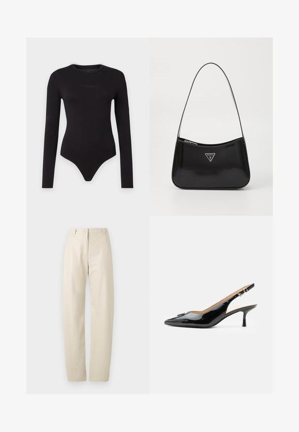 Zwarte lange mouwen bodysuit van zacht materiaal, met een ronde hals en een tekstuur op de voorkant met het "Guess Jeans" logo.; Beige rechte broek met knoop- en ritsluiting, lussen voor een riem en zijzakken op een effen witte achtergrond.; Zwarte lakleren slingback hak met spitse neus, kleine kittenhak en zilveren gespsluiting op een effen witte achtergrond.; Zwarte lakleren schoudertas met een gebogen vorm, voorzien van een zilveren driehoeklogo en een ritssluiting. Gladde textuur en slanke schouderband.