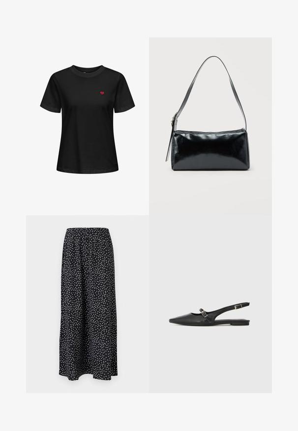Camiseta de algodón negra con cuello redondo, mangas cortas y un pequeño corazón rojo bordado en la parte izquierda del pecho.; Falda midi negra con lunares blancos irregulares y cintura elástica, tela fluida, sin cierres ni bolsillos visibles.; Zapatos slingback de cuero negro con punta afilada, que cuentan con una correa estrecha y un detalle de hebilla plateada en el lateral. Suela plana.; Bolso de hombro rectangular negro con una correa ajustable y un cierre de cremallera superior sobre un fondo liso.