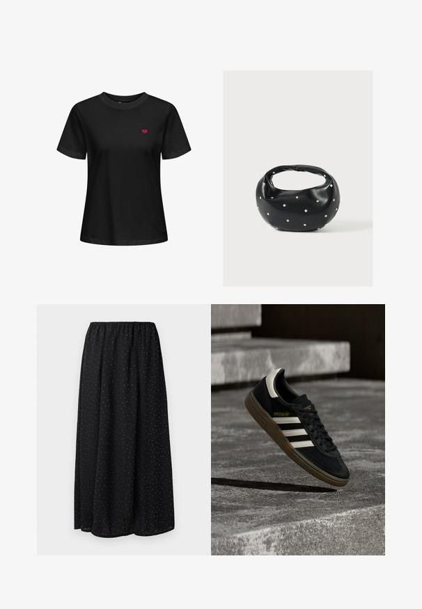 T-shirt en coton noir avec col rond, manches courtes et un petit cœur rouge brodé sur la zone gauche de la poitrine.; Jupe noire en tissu léger avec une taille froncée. Elle présente un motif de petits pois blancs sur l'ensemble du tissu.; Baskets Adidas noires avec des bandes blanches et une semelle en gomme flottant au-dessus d'escaliers en béton gris sous une lumière naturelle.; Sac à main en cuir noir de forme arrondie, décoré de clous argentés et équipé d'une poignée courte. Texture lisse et fermeture éclair.