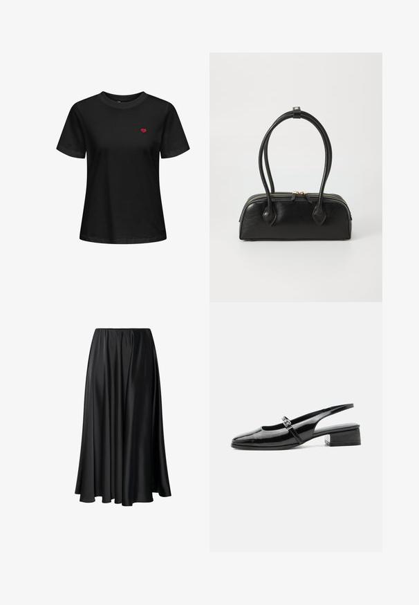 Schwarzes Baumwoll-T-Shirt mit Rundhalsausschnitt, kurzen Ärmeln und einem kleinen roten Herzen, das im linken Brustbereich gestickt ist.; Schwarze Maxirock aus glattem Stoff, mit elastischem Taillenbund, voluminöser Silhouette und fließendem Saum ohne sichtbare Muster oder Details.; Schwarzer Slingback-Schuh aus Lackleder mit niedrigem Blockabsatz und dünnem Riemen mit silberner Schnalle oben.; Schwarze Lederhandtasche mit zwei verlängerten Griffen, Reißverschluss und runder Form; glatte Textur mit subtiler glänzender Oberfläche.