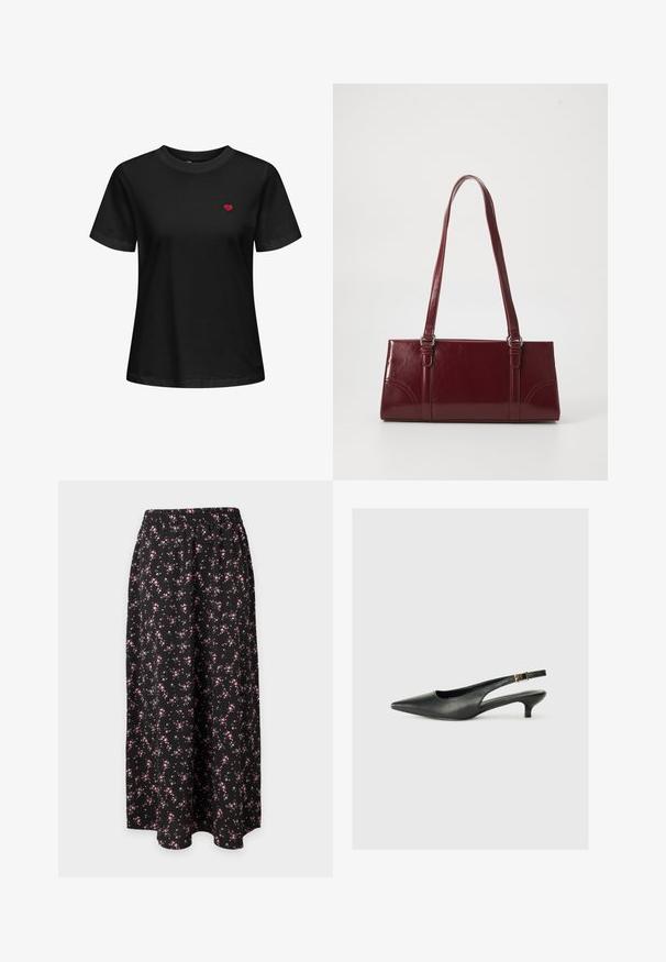 Zwarte katoenen t-shirt met een ronde hals, korte mouwen en een klein rood hart borduursel op de linkerborst.; Zwarte lange rok met klein roze en wit bloemenpatroon en elastische tailleband tegen een effen achtergrond.; Zwarte puntschoen met slingback van soepel leer. Kenmerkt zich door een dunne hak en een gespdetail op de verstelbare band.; Bourgondische handtas van glanzend materiaal, rechthoekige vorm, met twee schouderbanden en subtiele gebogen accenten aan de voorkant.