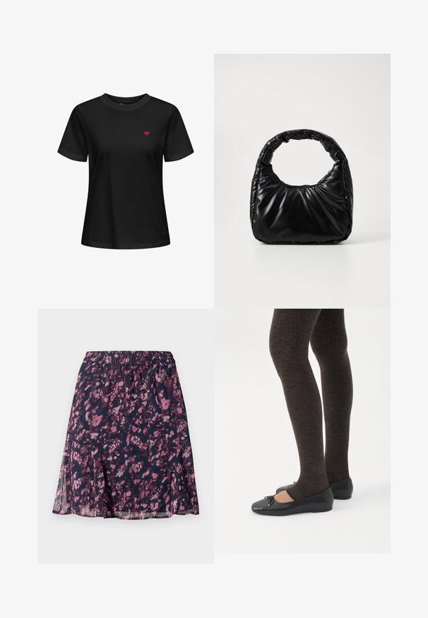 Zwarte katoenen t-shirt met een ronde hals, korte mouwen en een klein rood hart borduursel op de linkerborst.; Marine rok met elastische tailleband, voorzien van een abstract bloemenpatroon in roze en paars en een licht uitlopende zoom.; Benen met donkere geribbelde leggings gecombineerd met zwarte ballerina's met kleine strikdetails op een witte achtergrond.; Zwarte gevoerde handtas met een ronde handgreep, met een gladde, glanzende oppervlakte en een zachte, gewatteerde textuur. Geen zichtbare metalen onderdelen of accenten.