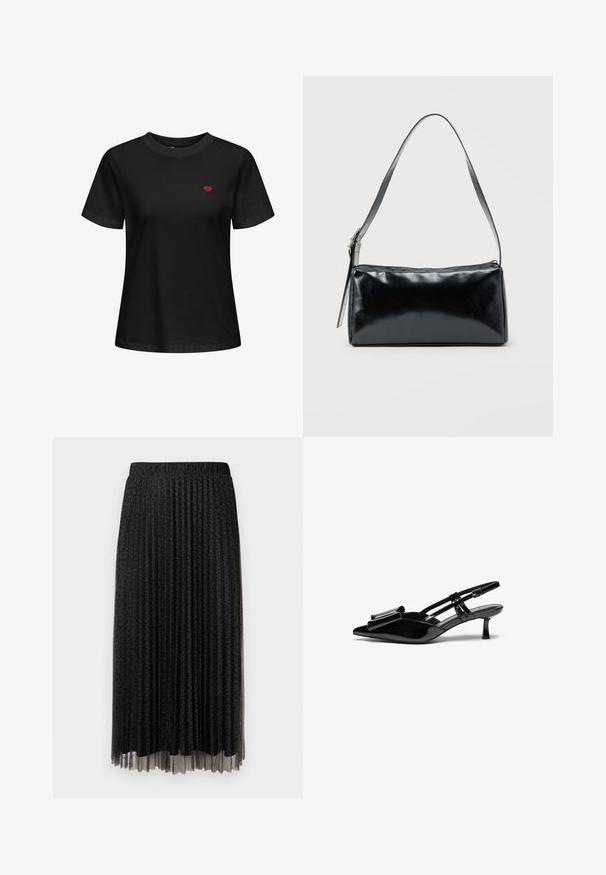 Schwarzes Baumwoll-T-Shirt mit Rundhalsausschnitt, kurzen Ärmeln und einem kleinen roten Herzen, das im linken Brustbereich gestickt ist.; Schwarzer plissierter Midirock mit subtilen Leopardenmustern, elastischem Bund und transparenter Textur am Saum.; Schwarze Lackleder-Slingbacks mit spitzer Zehenpartie, einer Schleifendetail an der Vorderseite und einem kleinen Stiletto-Absatz. Die Riemen haben verstellbare Schnallen.; Schwarze rechteckige Schultertasche mit einem verstellbaren Riemen und einem oberen Reißverschluss vor einfachem Hintergrund.