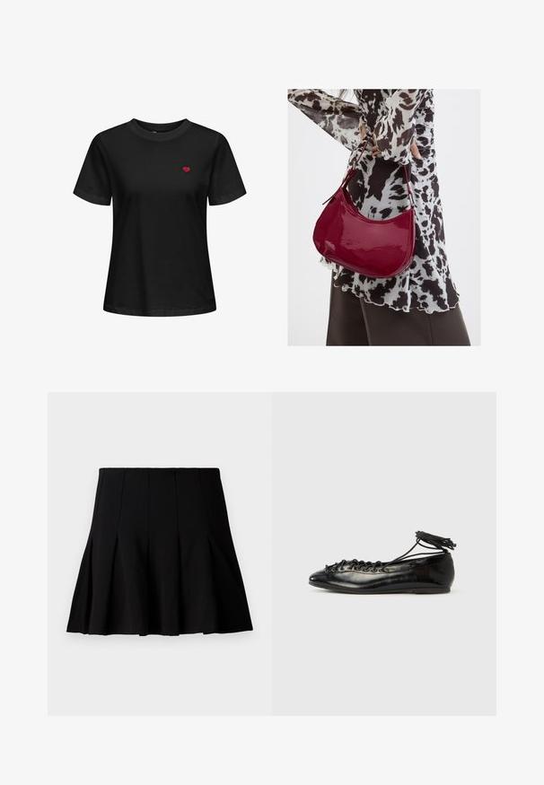Schwarzes Baumwoll-T-Shirt mit Rundhalsausschnitt, kurzen Ärmeln und einem kleinen roten Herzen, das im linken Brustbereich gestickt ist.; Schwarzer, kurzer, plissierter Rock aus einem glatten Stoff. Verfügt über einen elastischen Bund und eine ausgestellte Silhouette, die bis zur Mitte des Oberschenkels reicht.; Schwarze Ballerinas aus Lackleder mit runder Spitze, Schnürdesign und flacher Sohle. Glatte Textur mit minimaler Verzierung.; Frau trägt eine schwarz-weiß gemusterte Bluse und hält eine glänzende rote Schultertasche vor einem einfarbigen Hintergrund.