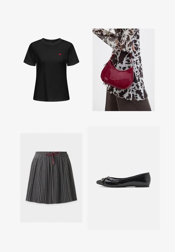Schwarzes Baumwoll-T-Shirt mit Rundhalsausschnitt, kurzen Ärmeln und einem kleinen roten Herzen, das im linken Brustbereich gestickt ist.; Dunkelgrauer plissierter Rock mit elastischem Bund und in der vorderen Mitte gebundener weinroter Kordel.; Schwarze Lackleder-Ballerinas mit spitzem Zehenbereich, ausgestattet mit überkreuzten Riemen und einem kleinen silbernen Schnallenakzent auf der Vorderseite.; Frau trägt eine schwarz-weiß gemusterte Bluse und hält eine glänzende rote Schultertasche vor einem einfarbigen Hintergrund.