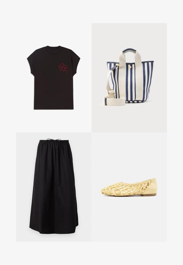 T-shirt noir à manches courtes avec un col rond ; présente un motif de fleur brodé rouge sur la partie gauche de la poitrine. Texture de tissu lisse.; Jupe noire longueur cheville avec une taille élastique froncée et un cordon à nouer.; Chaussure plate en cuir tressé jaune clair avec talon fermé et design en treillis ouvert, adaptée pour un usage décontracté.; Sac fourre-tout en toile à rayures verticales bleu marine et blanches, avec deux poignées courtes et une bandoulière réglable.