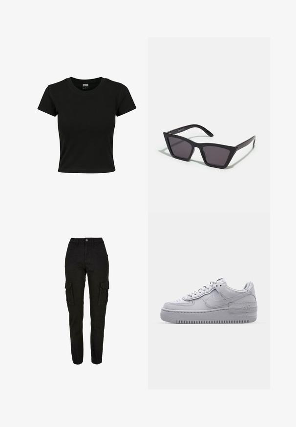 Schwarzes Kurzarm-T-Shirt aus glattem Baumwollmaterial mit rundem Halsausschnitt und taillierter Form. Keine sichtbaren Muster oder Akzente.; Schwarze Cargohose mit hoher Taille, seitlichen Klapptaschen, Vordertaschen, Gürtelschlaufen, Knopfverschluss und elastischen Bündchen.; Graue Nike Air Force 1 Sneaker mit perforierter Zehenpartie, Obermaterial aus glattem Leder, dicker Sohle und geprägtem 'AIR'-Detail an der Ferse.; Schwarze, eckige Sonnenbrille mit grauen Gläsern; aus Kunststoff gefertigt, mit dicken Bügeln, die eine glatte Oberfläche und keine sichtbaren Beschläge haben.