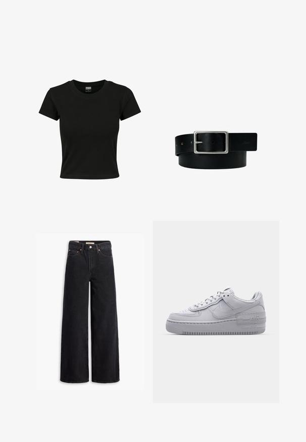 Camiseta negra de manga corta fabricada en algodón suave, con un cuello redondo y un corte ajustado. Sin patrones ni acentos visibles.; Jeans de pierna ancha negros hechos de denim, con cinco bolsillos, remaches de cobre y un cierre clásico de botón. Textura suave con un diseño limpio.; Zapatilla Nike Air Force 1 gris con puntera perforada, parte superior de cuero suave, suela gruesa y detalle en relieve 'AIR' en el talón.; Cinturón de cuero negro con hebilla rectangular plateada y múltiples orificios de ajuste, colocado plano sobre un fondo blanco.