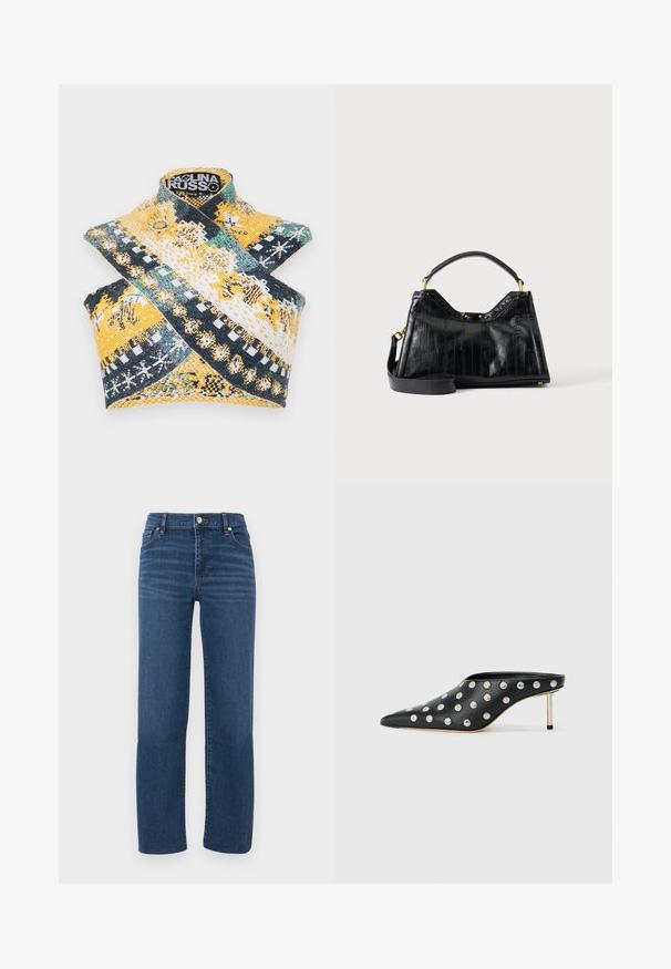 Paolina Russo WARRIOR CROSSOVER - Débardeur - indigo; Jean en denim bleu avec une coupe droite, taille haute, poches avant et un design classique à cinq poches. Texture lisse ; minimalisme dans les détails de couture.; STAND STUDIO KELSEY - Mules à talons - black; Sac à main en cuir noir avec lignes verticales texturées, poignée courte, bandoulière longue amovible et détails métalliques dorés sur fond uni.