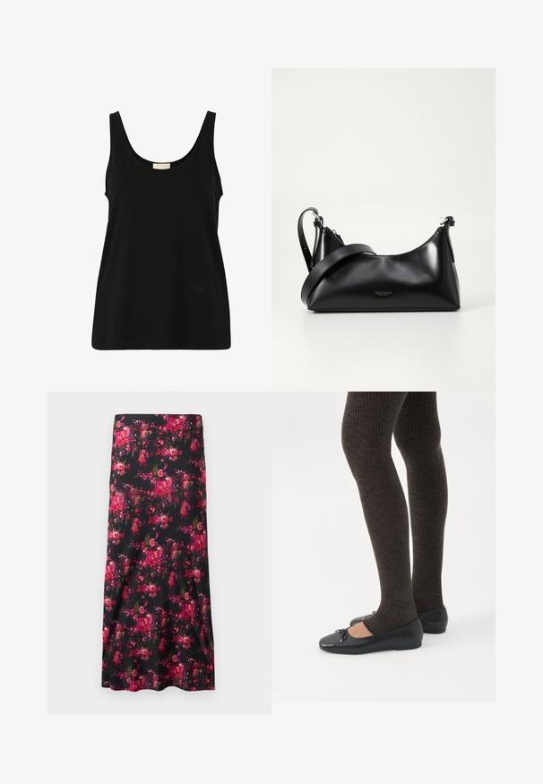Zwarte mouwloze tanktop van zachte katoen, met een ronde hals en een ontspannen pasvorm, zonder zichtbare patronen of hardwaredetails.; Zwarte bloemen midi-rok met een levendig patroon van roze en rode bloemen. Glad materiaal, A-lijn vorm, met een brede zoom.; Benen met donkere geribbelde leggings gecombineerd met zwarte ballerina's met kleine strikdetails op een witte achtergrond.; Zwarte leren handtas met een gladde textuur. Beschikt over een verstelbare schouderband en een strak, minimalistisch ontwerp met een ritssluiting.