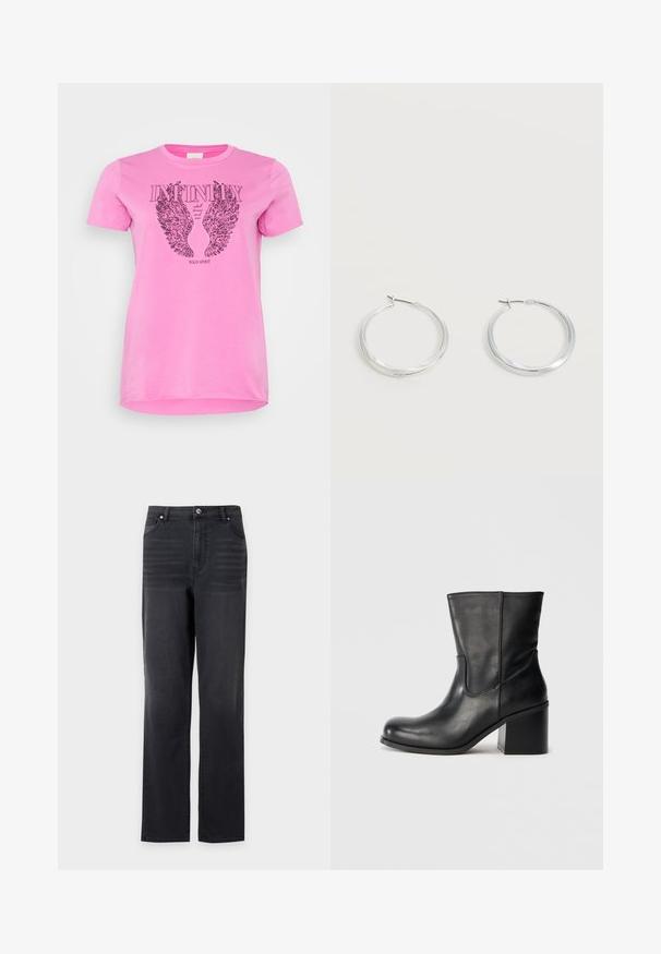 ONLY Carmakoma CARMIKO WASHED SS REG TEE JRS - Μπλουζάκι με στάμπα - super pink; Μαύρο τζιν με ίσια γραμμή, εμπρόσθιες τσέπες και θηλιές για ζώνη, εμφανίζεται με φόντο απλό λευκό.; Μαύρο δερμάτινο μποτάκι αστραγάλου με στρογγυλεμένη μύτη, διακοσμητικές ραφές στο πλάι και χοντρό τετράγωνο τακούνι. Λεία υφή και μινιμαλιστικός σχεδιασμός.; Ασημένια μεταλλικά σκουλαρίκια κρίκοι με λεία, ελαφρώς κυρτή επιφάνεια και κλειδαριά τύπου latch-back σε απλό λευκό φόντο.