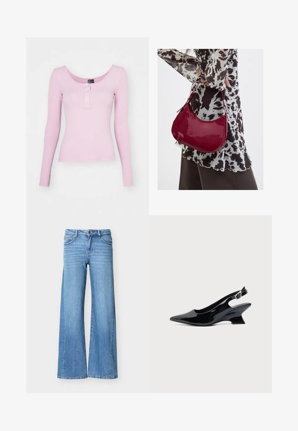 Roze geribbeld langemouwen top met een ronde hals en vijf drukknoopjes aan de voorkant. Glad textuur met een getailleerd ontwerp.; Lichtblauwe denim jeans met een hoge taille, knoop- en ritssluiting, voorzakken en wijde pijpen.; Zwarte lakleren slingback schoen met spitse neus en lage schuine blokhak op een effen lichte achtergrond.; Vrouw met een zwart-wit gebloemde blouse houdt een glanzende rode schoudertas vast tegen een effen achtergrond.