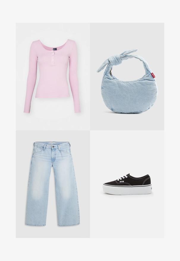 Rosa ribbet langærmet top med scoop halsudskæring og fem trykknapper foran. Glat tekstur med en tætsiddende design.; Lyseblå vid nederdel jeans lavet af denim. Har lige snit, fem lommers design og knaplukning i taljen.; Sort lærred sneakers med en hvid gummi platform sål, der har hvide snørebånd og syninger, ikonisk branding på siden, lav-top design.; Lyseblå denim skuldertaske med knudedetalje på håndtaget og en lille rød Levi's-mærkat på siden.