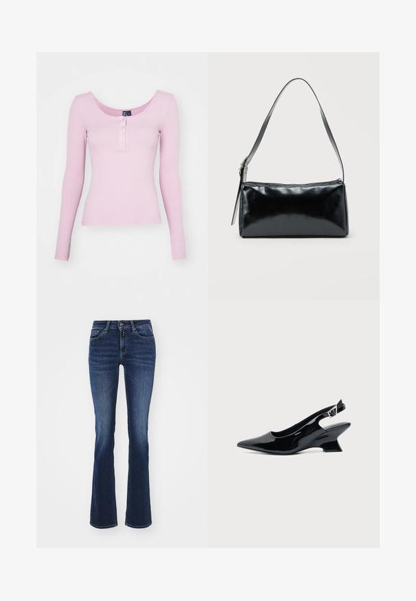 Roze geribbeld langemouwen top met een ronde hals en vijf drukknoopjes aan de voorkant. Glad textuur met een getailleerd ontwerp.; Vloeiende donkerblauwe jeans van denim, met een klassieke vijf-pocketontwerp, ritssluiting aan de voorkant en knoopsluiting. Gladde textuur en mid-rise pasvorm.; Zwarte lakleren slingback schoen met spitse neus en lage schuine blokhak op een effen lichte achtergrond.; Zwarte rechthoekige schoudertas met een enkele verstelbare band en een bovenste ritssluiting op een effen achtergrond.