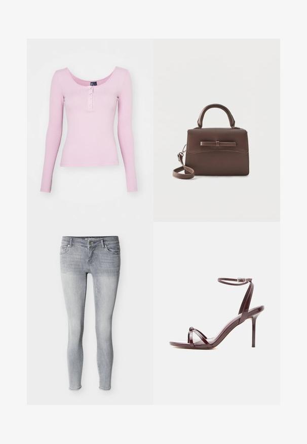 Rosa ribbet langærmet top med scoop halsudskæring og fem trykknapper foran. Glat tekstur med en tætsiddende design.; Lysegrå, tætsiddende jeans lavet af denim, med et klassisk design med fem lommer, bæltestropper og lynlås med sølvfarvet knap.; Højhælet sandal i burgunderrødt laklæder med tynd ankelrem og krydsede tåremme på hvid baggrund.; Lille brun læderhåndtaske med top-håndtag, aftagelig skulderrem og frontklap med en horisontal læderstroppedetalje.
