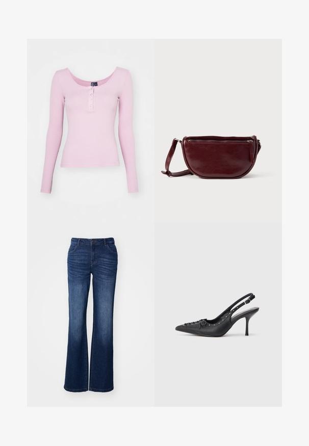 Roze geribbeld langemouwen top met een ronde hals en vijf drukknoopjes aan de voorkant. Glad textuur met een getailleerd ontwerp.; Blauwe denim flared jeans met een middelhoge taille, vijf zakken en subtiele vervagingen bij de dijen. Voorzien van een knoop- en ritsluiting aan de voorkant.; Zwarte leren slingback stiletto met spitse neus, zijgesp met gesp, studs langs de rand en decoratieve veters aan de voorkant.; Dieprode lederen handtas met een halve-maansvorm, een ritssluiting en een afneembare riem. Gladde textuur met een subtiele glans.