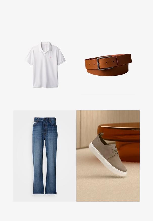 Witte poloshirt met korte mouwen, kraag en klein rood "cK" logo op de linkerborst.; Blauwe denim jeans met een hoge taille, uitlopende pijpen, vijf-vaks ontwerp en tonale stiksels. Bevat een knopenfly en gestikte zakken.; Taupekleurige suède vetertrainer met witte zool zwevend boven een beige tapijt, naast een glanzend bruinig afgerond meubelstuk.; Bruine leren riem met zwarte rechthoekige metalen gesp, verstelbare gaatjes en lus om het uiteinde van de riem vast te zetten.