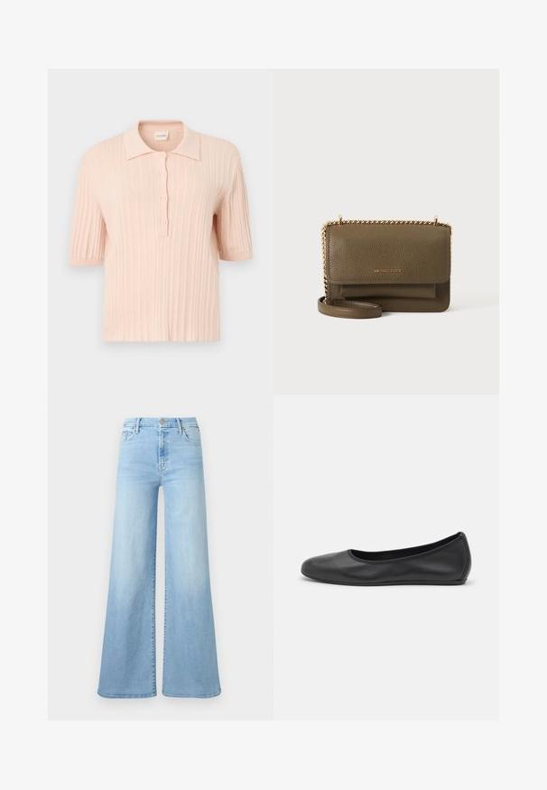 Polo en maille rose pâle à manches courtes avec texture côtelée, patte de boutonnage à trois boutons et col doux. Tissu lisse, coupe décontractée.; Jean large en denim bleu clair avec une taille haute, bouton frontal et design à cinq poches sur un fond uni.; Ballerines en cuir noir avec un bout rond, texture lisse, détails de couture minimalistes et design de semelle flexible.; Sac bandoulière en cuir vert olive Michael Kors avec rabat, bandoulière chaîne dorée et poche avant, présenté sur fond blanc uni.