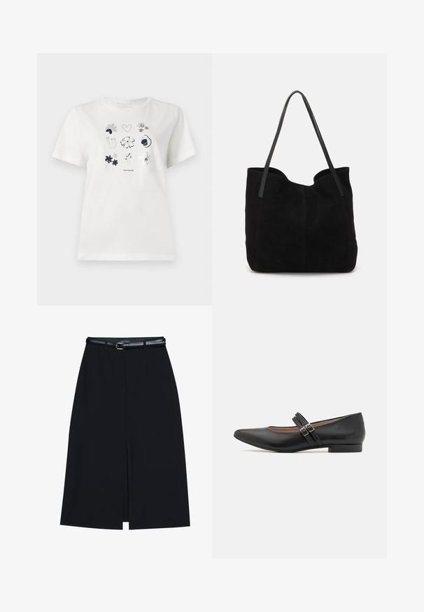 T-shirt en coton blanc avec un motif imprimé de fleurs et de cœurs en bleu marine et gris. Col rond et manches courtes, coupe décontractée.; Jupe noire à mi-cuisse avec une fente frontale, fabriquée en tissu lisse. Comprend une fine ceinture noire avec une boucle en argent et des passants.; Chaussure noire en cuir de style Mary Jane avec bout pointu, deux sangles à boucle, talon bas et texture lisse. Conçue pour une apparence formelle.; Sac fourre-tout en suède noir avec deux longues anses en cuir plates. Présente un bord supérieur incurvé et des coutures visibles sur le devant. Pas d'accents en métal.
