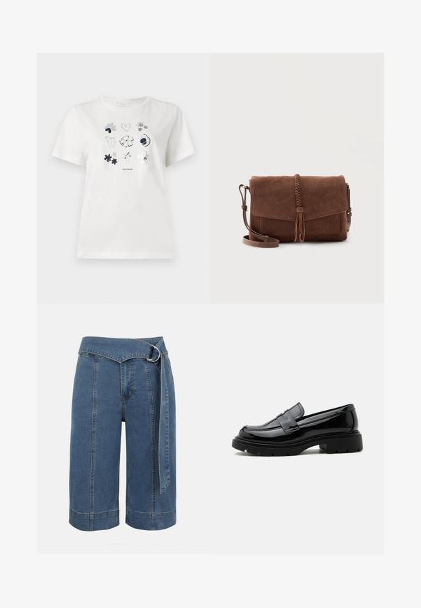 T-shirt en coton blanc avec un motif imprimé de fleurs et de cœurs en bleu marine et gris. Col rond et manches courtes, coupe décontractée.; Short en jean bleu à jambes larges avec des détails de coutures sur le devant et une ceinture en tissu assortie avec boucle en D argentée.; Mocassin en cuir noir brillant avec semelle épaisse à crampons et bride penny, présenté en profil latéral sur fond blanc uni.; Sac bandoulière en daim marron avec détail pompon tressé sur le rabat avant et bandoulière réglable.