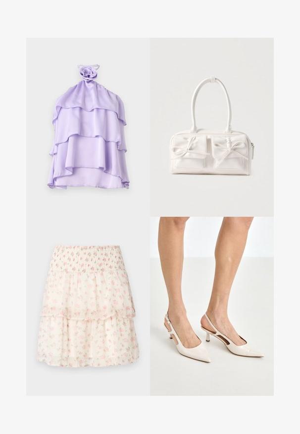 Lilla, lagd top i let stof med en rynket design og en rose-formet detalje ved halsudskæringen. Glat tekstur, uden ærmer.; Blomstret lagdelt nederdel lavet af letvægtsstof. Har en smocket talje, lyserøde blomster og en cremefarvet baggrund med en blød, gennemsigtig tekstur.; Beige patenterede læder slingback hæle med spids tå og 5 cm hæl, med udskårne sider og en tynd ankelrem.; Hvid syntetisk håndtaske med to forlommer, hver med en bundet sløjfedetalje. Glat tekstur, afrundede håndtag og lynlås lukning.