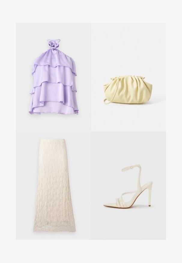 Lilla, lagd top i let stof med en rynket design og en rose-formet detalje ved halsudskæringen. Glat tekstur, uden ærmer.; Lang cremefarvet blonderok med tekstureret blomster mønster og lige silhuet.; Beige sandaler med høje hæle og spids tå, med tre stropper foran og en tynd ankelrem med spænde. Glat tekstur, minimalistisk design.; Gul plisseret håndtaske lavet af glat kunstlæder, med en blød form, en enkelt skulderrem og samlet topdesign.