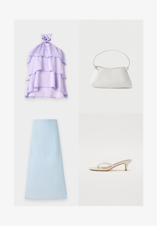 Haut lilas en couches fabriqué en tissu léger avec un design froncé et un accent en forme de rose au niveau du col. Texture lisse, sans manches.; Jupe A-line bleu clair en tissu lisse, avec un design épuré sans motifs ni accents visibles, atteignant une longueur mi-mollet.; Des sandales à talon bloc blanches présentent des fines sangles et un design à bout carré. Le talon est d'une hauteur moyenne, avec une finition lisse.; Sac à main en cuir tressé blanc avec poignée arrondie et extrémités de lanière nouées, présenté sur un fond uni.