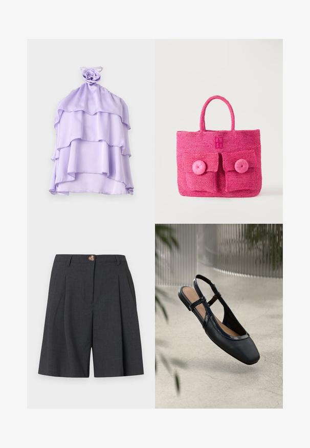 Top de color lila, con capas, hecho de un tejido ligero, con un diseño con volantes y un acento en forma de rosa en el escote. Textura suave, sin mangas.; Pantalones cortos a medida de color gris oscuro con trabillas para cinturón, cierre de botones frontal y pliegues, diseñados para un look formal o informal de negocios.; Zapato plano de piel negra tipo slingback con punta cuadrada, que presenta un ribete brillante de charol y correas ajustables para un ajuste seguro.; Bolso tejido de color rosa brillante con dos bolsillos frontales, grandes botones redondos y una única asa redondeada sobre un fondo claro y liso.