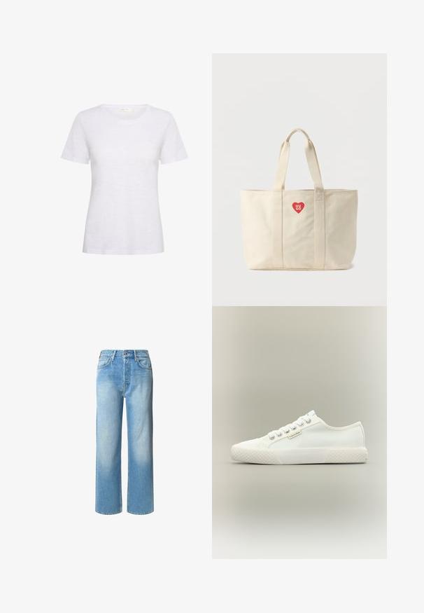 Camiseta blanca de manga corta hecha de un tejido suave y ligero. Presenta un escote redondeado y una textura suave con un ligero brillo.; Vaqueros de mezclilla de color azul claro con un diseño de pierna ancha y cintura alta. Presenta un estilo clásico de cinco bolsillos y un cierre de botones.; Zapatilla blanca de lona de corte bajo con suela de goma texturizada, cordones blancos y pequeña etiqueta de Calvin Klein en el lateral.; Bolsa tote de lona color crema con dos asas para el hombro y un pequeño logo de corazón rojo con el texto "HUGO" en el centro frontal.