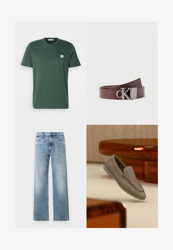 Σκούρο πράσινο βαμβακερό T-shirt με στρογγυλή λαιμόκοψη, κοντά μανίκια και μικρό λογότυπο CK στο αριστερό πάνω μέρος του στήθους.; Ανοιχτό μπλε τζιν παντελόνι με ίσια γραμμή και ψηλή μέση, πέντε τσέπες, κούμπωμα με κουμπί και διακριτικό ξεθώριασμα στους μηρούς και τα γόνατα.; Μπεζ μοκασίνι από σουέτ με ορατή ραφή και ανοιχτή σόλα, τοποθετημένο πάνω σε κρεμ χαλί, με πορτοκαλί διαφανή έπιπλα στο φόντο.; Καφέ δερμάτινη ζώνη σε σπείρα με μεταλλική αγκράφα με το λογότυπο "CK", μίνιμαλ σχεδιασμός σε λευκό φόντο.