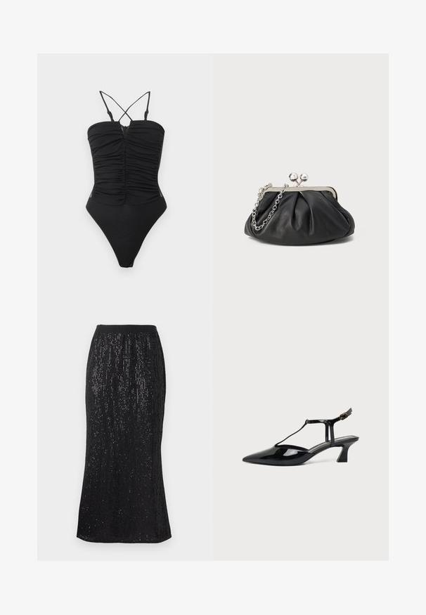 Maillot de bain une pièce noir avec des bretelles croisées ajustables, un détail froncé à l'avant et des ouvertures de jambes haute. Texture lisse et design minimaliste.; Jupe noire avec une taille ajustée, ornée de sequins verticaux pour un effet texturé. L'ourlet est légèrement courbé, créant une silhouette élancée.; Chaussure slingback femme en cuir verni noir à talon bas, bout pointu et fine bride avec petite boucle.; Porte-monnaie en cuir noir avec texture froncée, cadre en métal argenté, fermeture à verrouillage kiss-lock et bandoulière en chaîne. Surface lisse et douce.