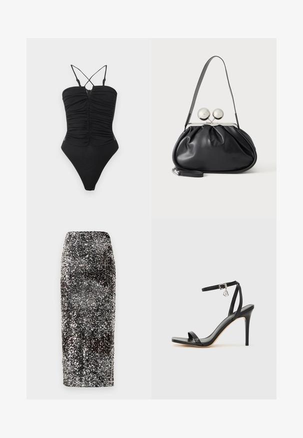 Maillot de bain une pièce noir avec des bretelles croisées ajustables, un détail froncé à l'avant et des ouvertures de jambes haute. Texture lisse et design minimaliste.; Jupe crayon à sequins avec un design élégant et ajusté. Présente des sequins noirs et argentés qui créent un effet scintillant.; Sandale à talon haut noire avec une bride étroite à la cheville, bout carré, cuir lisse et accent de boucle métallique.; Sac à main en cuir noir avec un design plissé, une sangle unique, un cadre métallique argenté et deux grandes fermoirs ronds en argent.