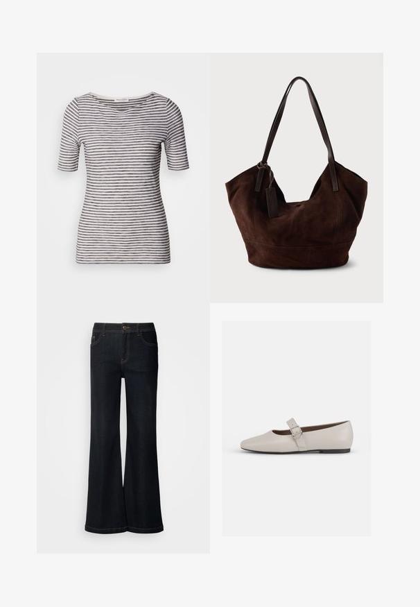 Gestreiftes T-Shirt in Weiß und Marineblau mit kurzen Ärmeln, rundem Halsausschnitt, taillierter Form und weicher Textur. Der Stoff wirkt leicht und atmungsaktiv.; Mos Mosh MMDARA DELUXE JEANS - Jeans Relaxed Fit - dark blue; Beige Leder-Mary-Jane-Ballerinas mit spitzem Schuhkopf, Knöchelriemen und silbernem Schnallen-Detail, ausgestattet mit einem niedrigen schwarzen Absatz.; Braune Wildleder-Handtasche mit einer weichen, lässigen Form. Verfügt über Ledergriffe und einen Etikettenakzent. Schlichte Textur mit geschwungenen Nähten.