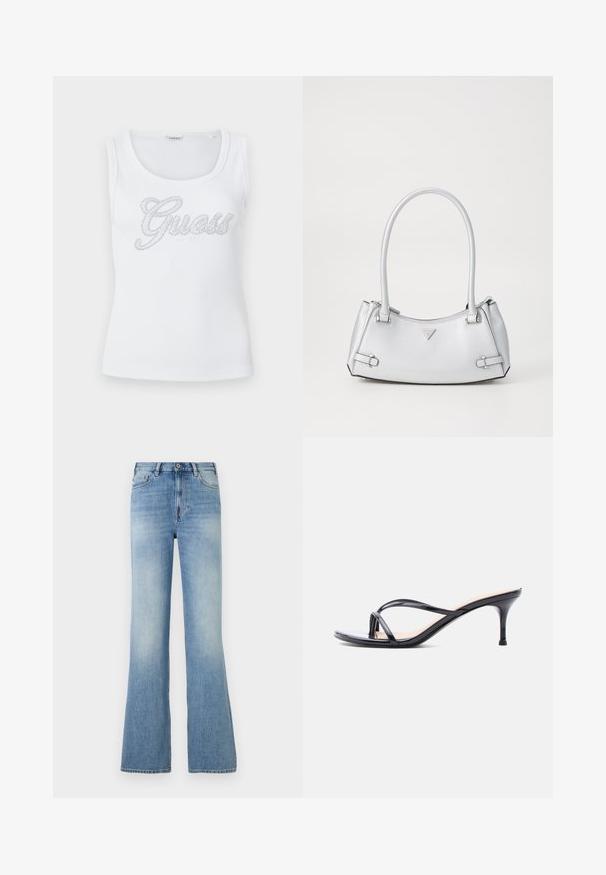 Haut blanc sans manches en tissu côtelé avec encolure dégagée et logo décoratif "Guess" composé de petites perles argentées sur la poitrine.; Jean denim bleu clair taille haute avec bouton et fermeture éclair devant, cinq poches, jambes légèrement évasées et légère décoloration au niveau des cuisses.; Sandale à talon en cuir verni noir avec fines lanières croisées et talon aiguille moyen et élancé sur fond blanc.; Sac à main argenté avec un design structuré, doté de deux poignées, d'une texture brillante, de quincaillerie accentuée et d'un logo triangulaire sur le devant.