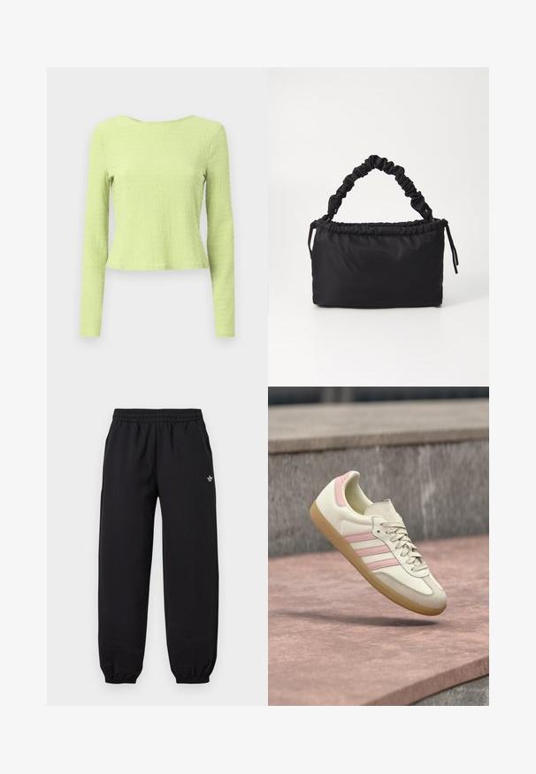 Top corto de manga larga en tejido verde claro texturizado con escote barco y silueta ligeramente entallada. Sin patrones ni acentos visibles.; Pantalones de entrenamiento Adidas negros con cintura y puños elásticos, con un pequeño logo blanco de Adidas en la parte superior del muslo izquierdo.; Zapatilla de cuero beige con detalles en rosa, que presenta tres franjas laterales, una puntera redondeada y una suela de goma texturizada. Cuello ligeramente acolchado.; Bolso negro hecho de tela suave y lisa. Presenta un asa fruncida y cierre con cordón, con forma rectangular y sin herrajes visibles.
