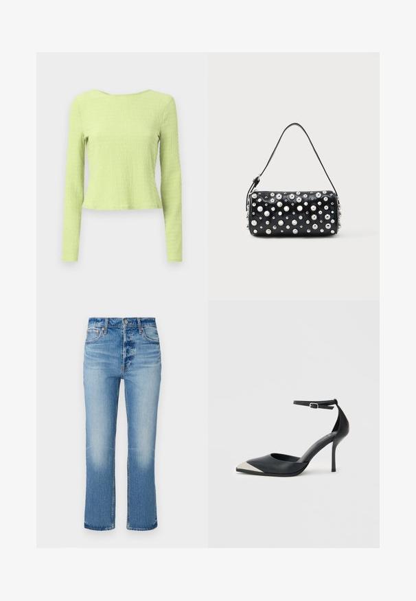 Top corto de manga larga en tejido verde claro texturizado con escote barco y silueta ligeramente entallada. Sin patrones ni acentos visibles.; Jeans de mezclilla azul claro con diseño de pierna recta, que presentan desvanecidos cerca de los muslos, un cierre de botón y un estilo estándar de cinco bolsillos.; Zapato de tacón alto negro con punta puntiaguda, puntera metálica plateada y correa al tobillo con cierre de hebilla sobre fondo blanco.; Bolso de mano de cuero negro con forma redondeada, decorado con tachuelas plateadas. Cuenta con una correa desmontable y cierre de cremallera. Textura lisa.